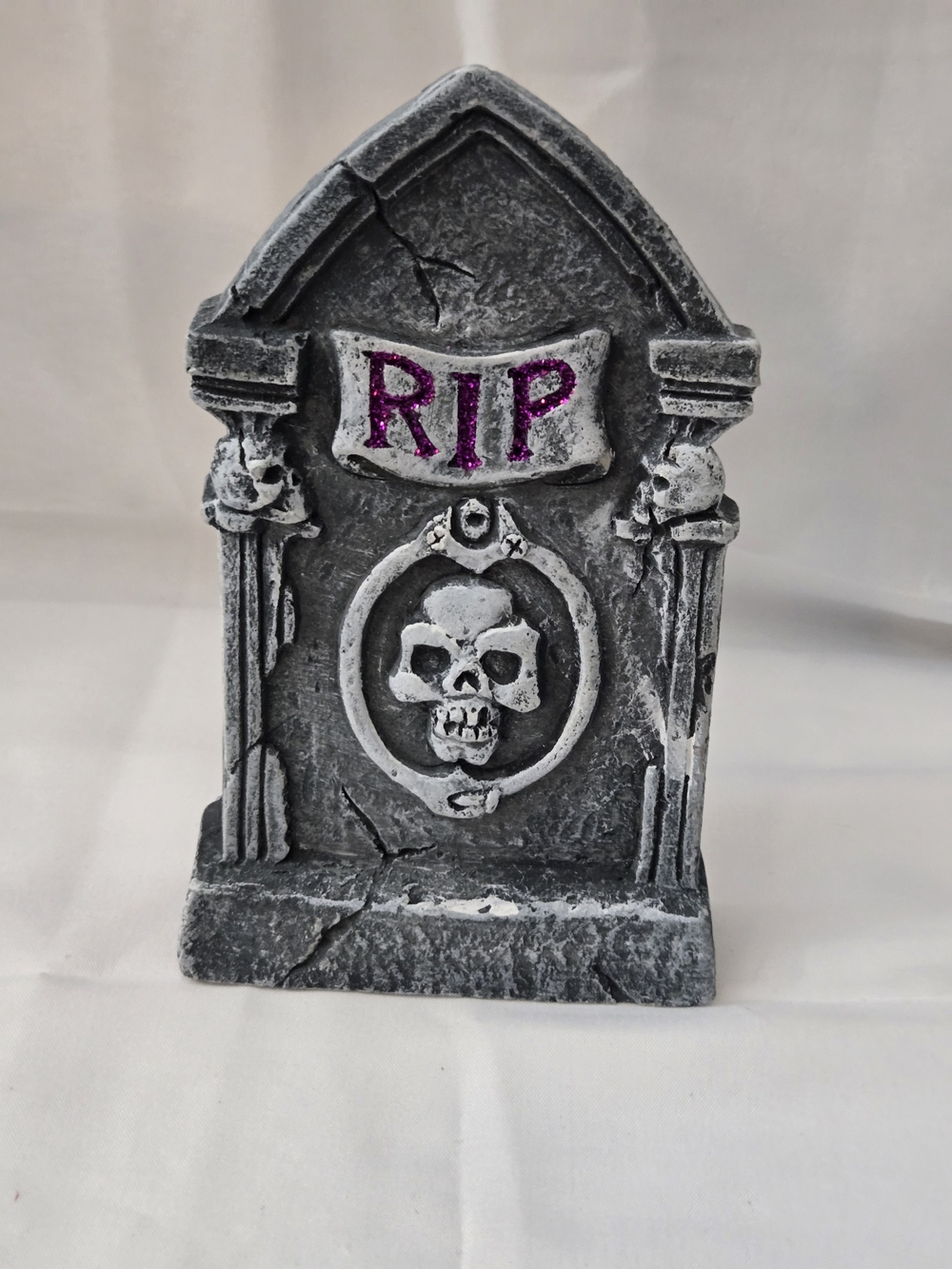 RIP Skull Tombstone Halloween Decor 6" Purple Glitter Gothic Graveyard